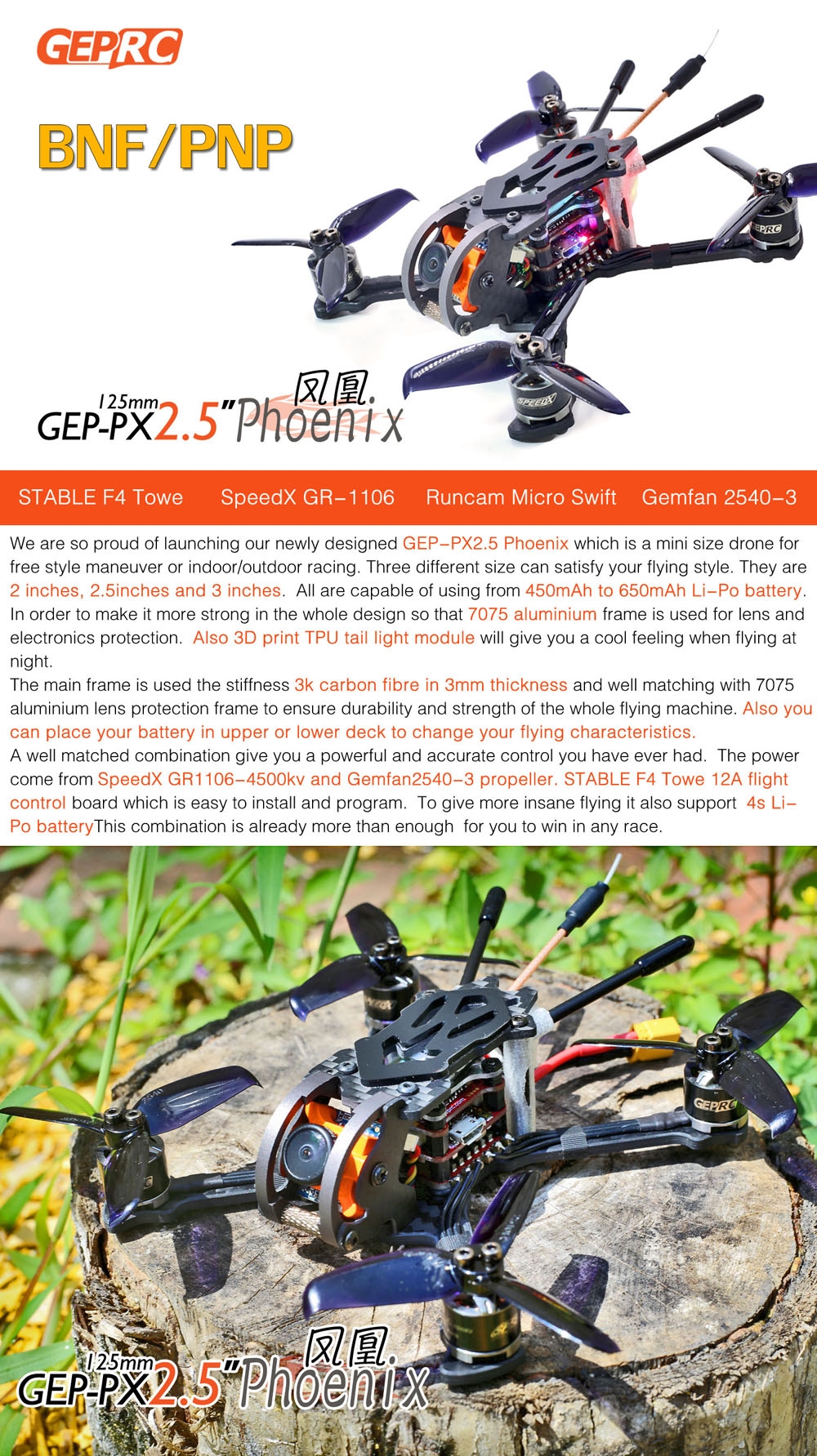 Summer Prime Sale GEPRC GEP-Phoenix 125mm FPV Racing Drone BNF Omnibus F4 RunCam Micro Swift 600TVL Camera