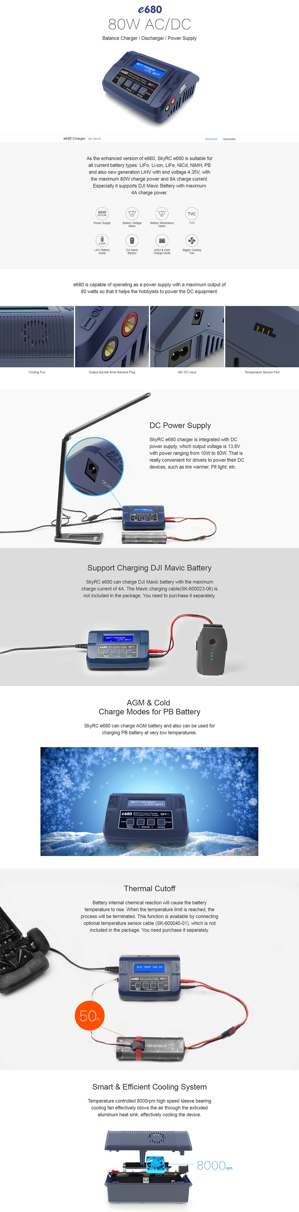 SKYRC e680 80W 8A AC/DC Balance Charger Discharger for 1-6S Lipo Battery