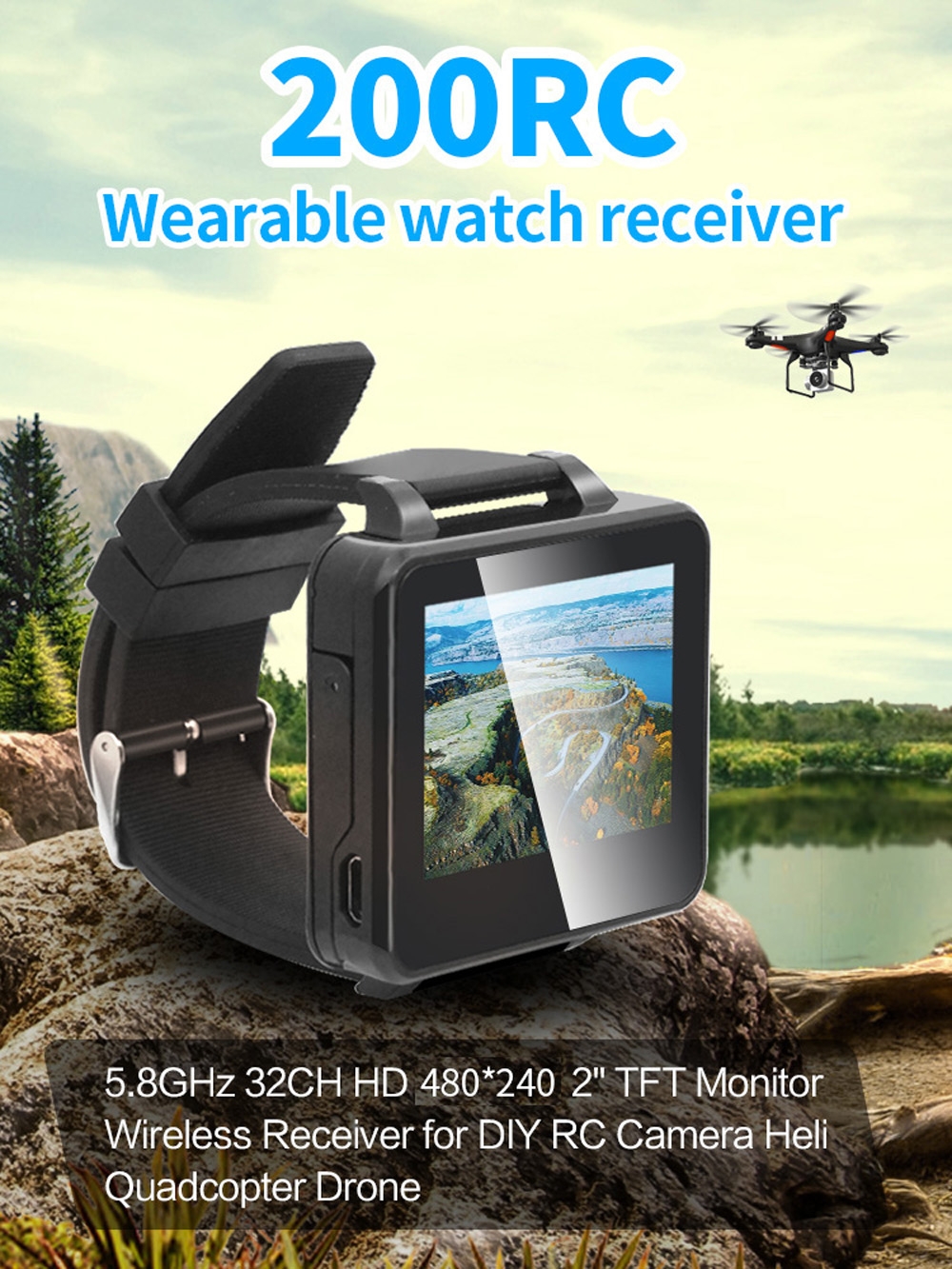 200RC FPV Wearable Watch 2" LCD 5.8G 40Ch FPV Monitor Wireless Receiver Watch LCD Display for FPV RC Drone