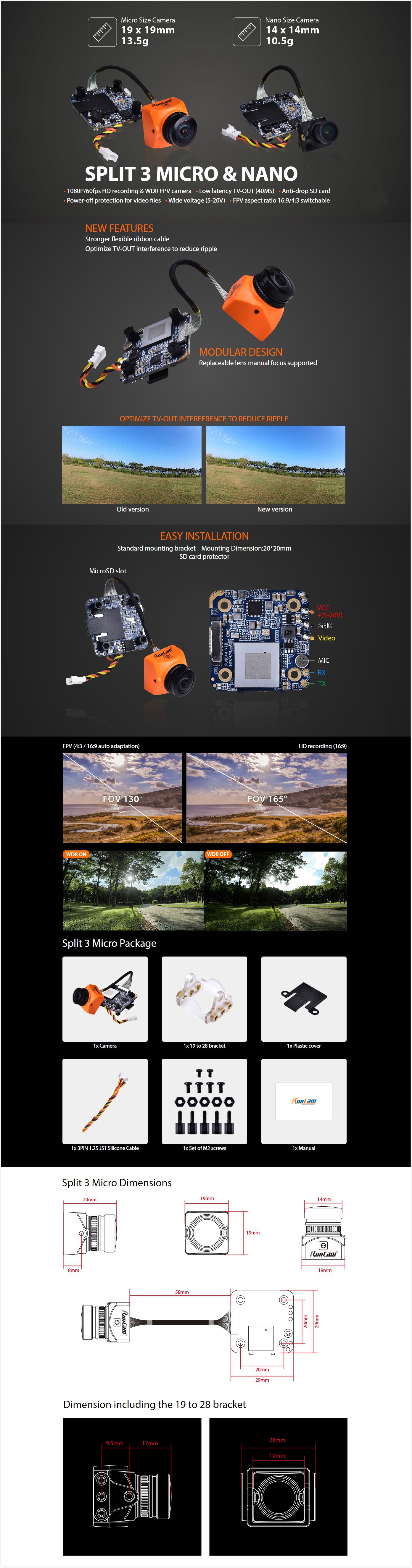 RunCam Split 3 Micro 1080P 60fps HD Recording WDR Low Latency 16:9/4:3 NTSC/PAL Switchable FPV Camera For RC Drone