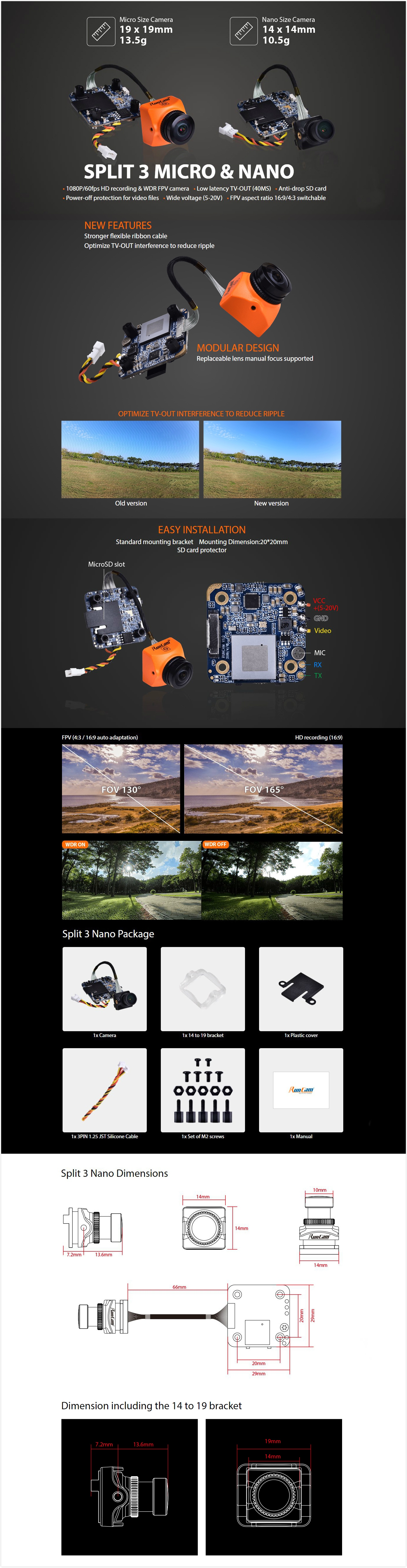 RunCam Split 3 Nano 1080P 60fps HD Recording WDR Low Latency 16:9/4:3 NTSC/PAL Switchable FPV Camera For RC Drone