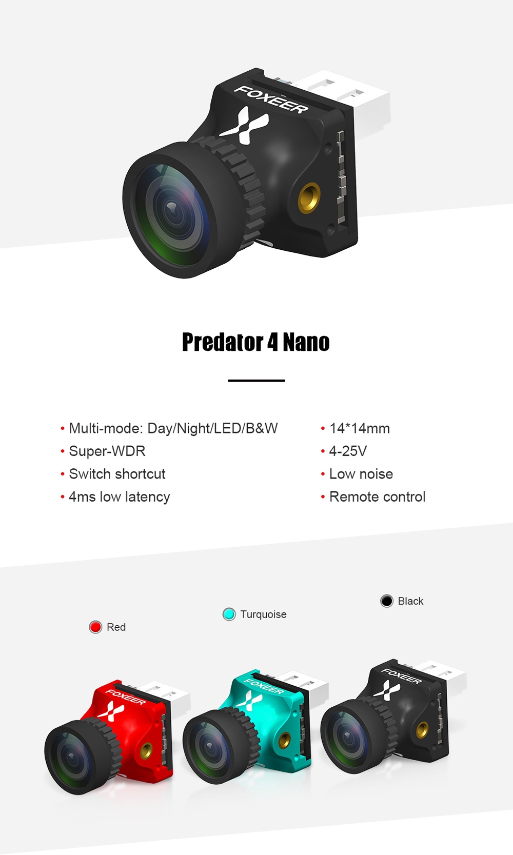 Foxeer Predator 4 Nano Super WDR 4ms Low Latency 1000TVL FPV Racing Camera OSD 4:3 16:9 NTSC PAL for RC Drone