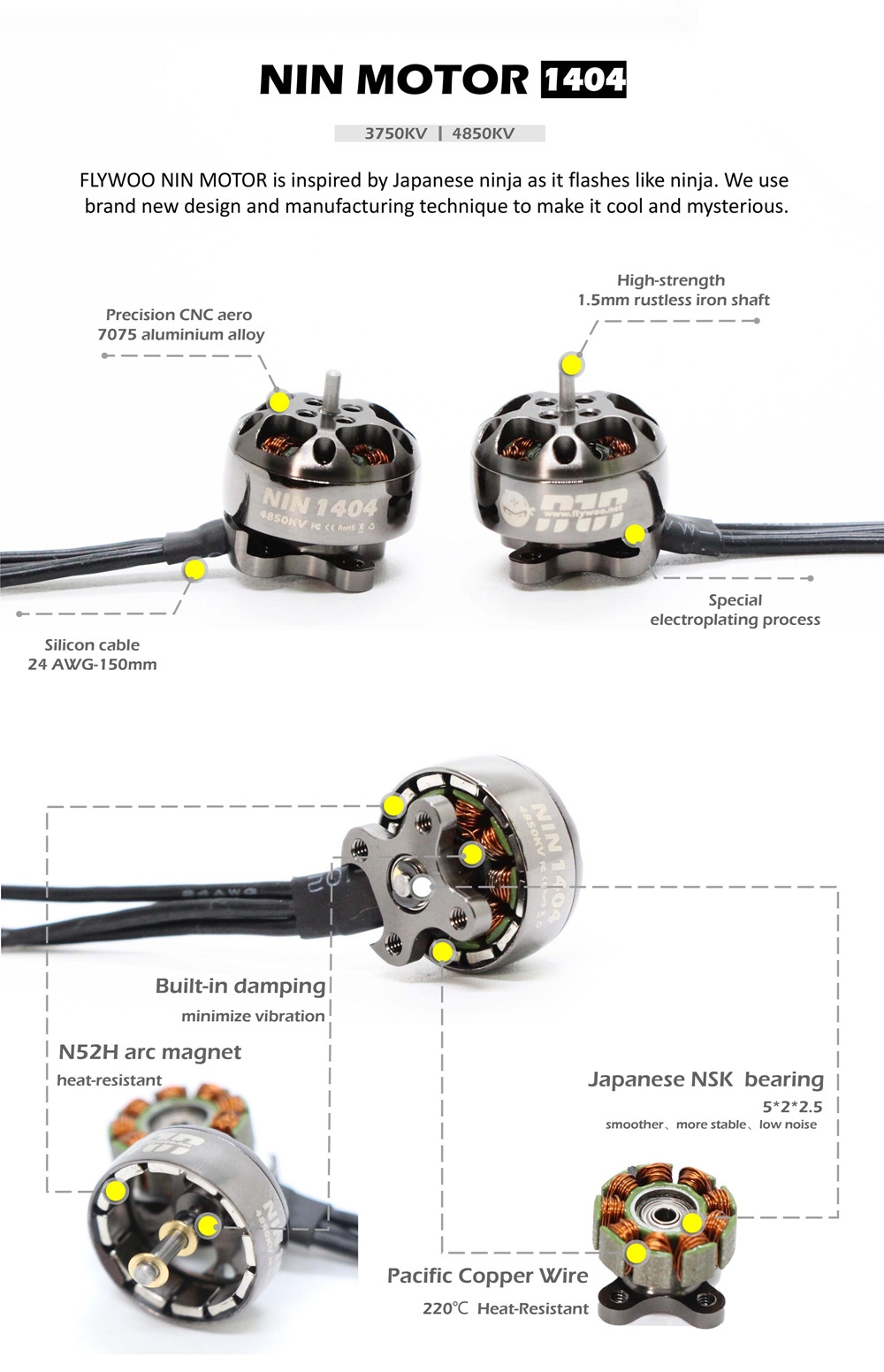 FLYWOO NIN TINY NT1404 1404 3750KV 4850KV 2-4S Brushless Motor for RC Drone FPV Racing