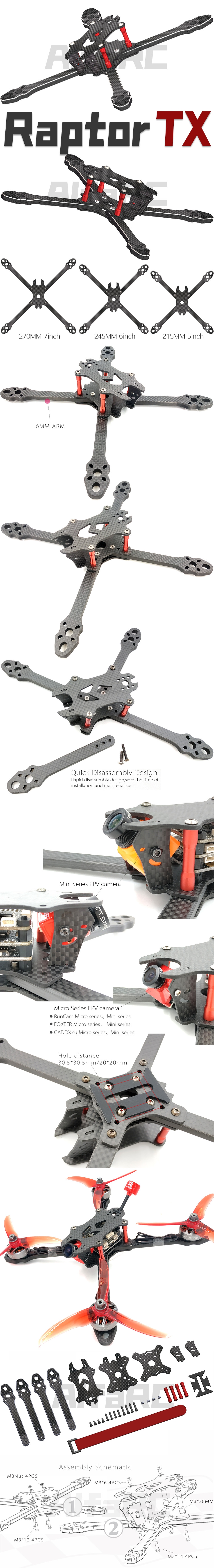 AlfaRC Raptor TX 5 Inch 215mm / 6 Inch 245mm / 7 Inch 270mm 6mm Arm Frame Kit for RC Drone FPV Racing