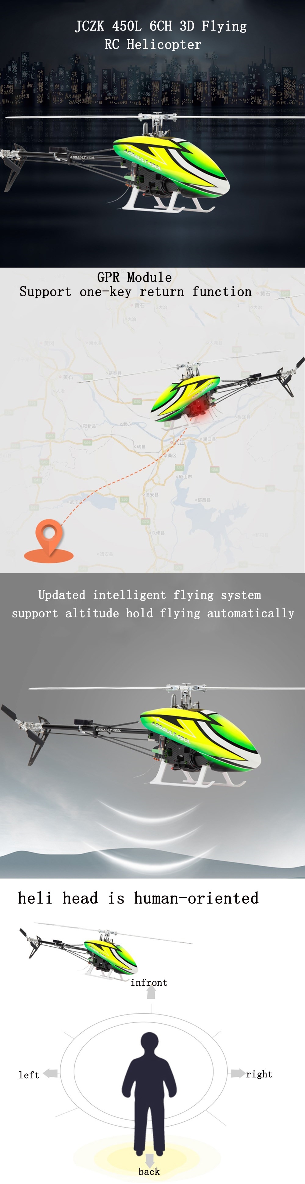 JCZK 450L DFC 6CH 3D Flying Flybarless GPS One-Key Return Smart RC Helicopter RTF With 380 Intelligent Fly System
