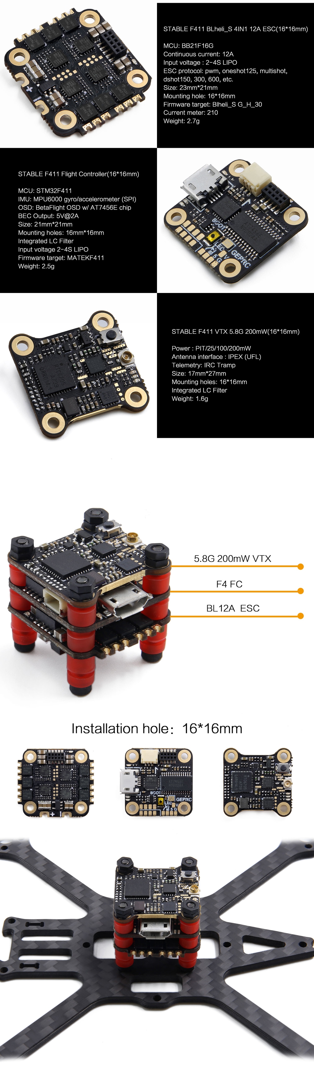 GEPRC STABLE F411 BetaFlight OSD Flight Controller 12A Blheli_S 2-4S Brushless ESC 25/100/200mW VTX Stack 16mm*16mm