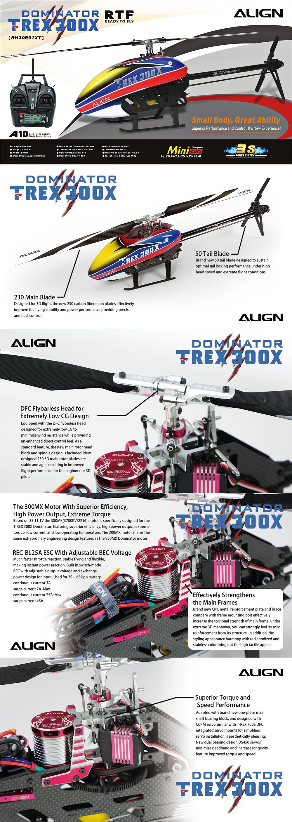 Align T-Rex 300X DOMINATOR DFC 6CH 3D Flying RC Helicopter RTF With A10 Transmitter