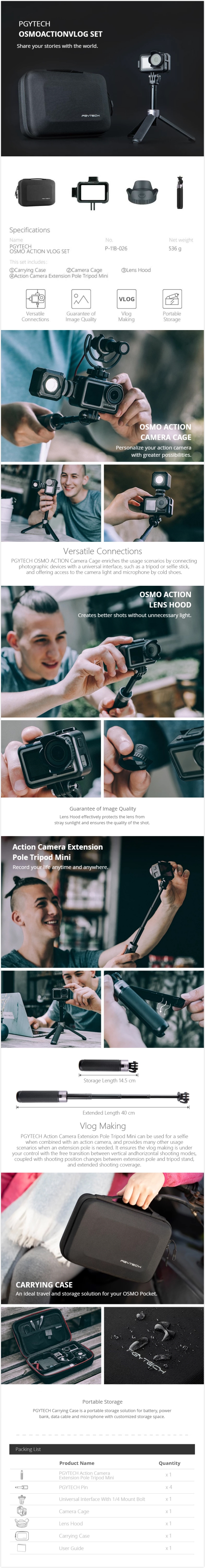 PGYTECH Action Camera VLOG Set Extension Pole Tripod Mini Carrying Case Camera Cage Lens Hood For DJI OSMO Action FPV Camera