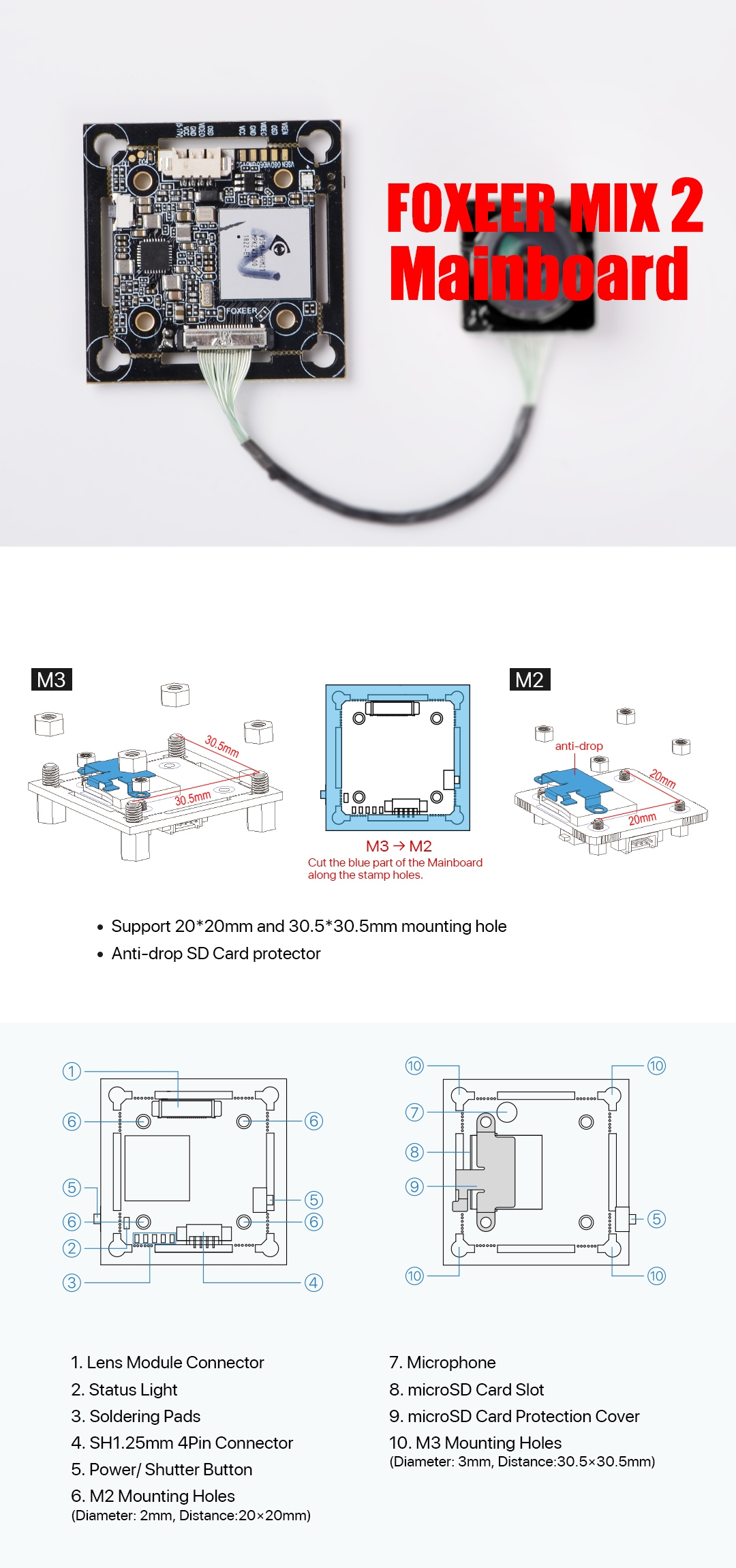 Foxeer Mix 2 FPV Camera Spare Main Board Support 20x20mm/30.5x30.5mm Mounting Hole