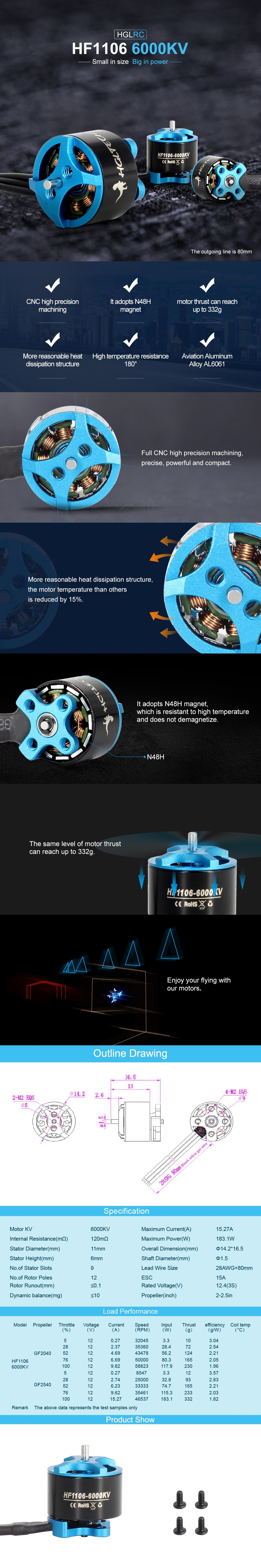 HGLRC FLAME HF1106 6000KV 2-3S Brushless Motor Compatible With 2-2.5Inch Prop - Photo: 1
