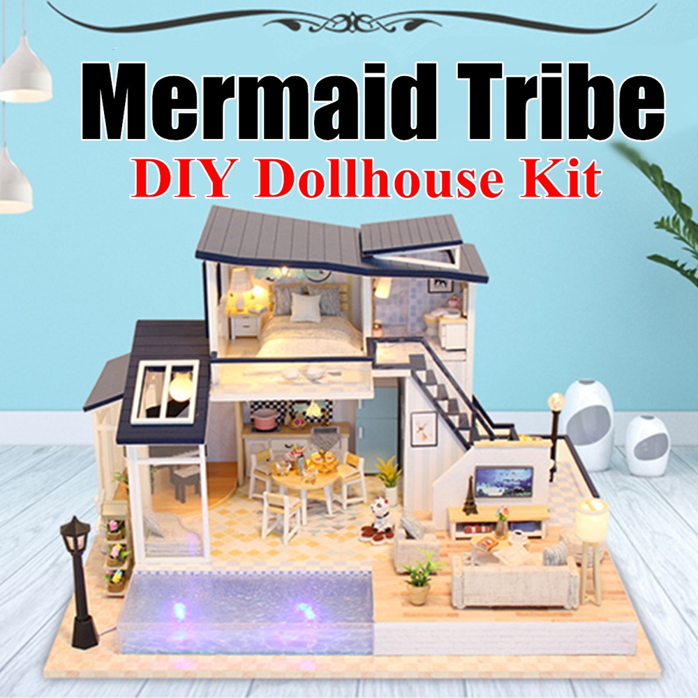 Mermaid Tribe DIY Doll House Model Toy Cabin LED Sound and Light Creative Christmas Birthday Gift Puzzle Assembled Toy