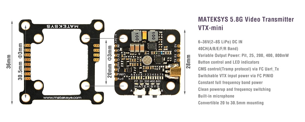 Matek System VTX-MINI 5.8G 40CH Pit/25/200/400/800mW FPV Video Transmitter for FPV Racing RC Drone