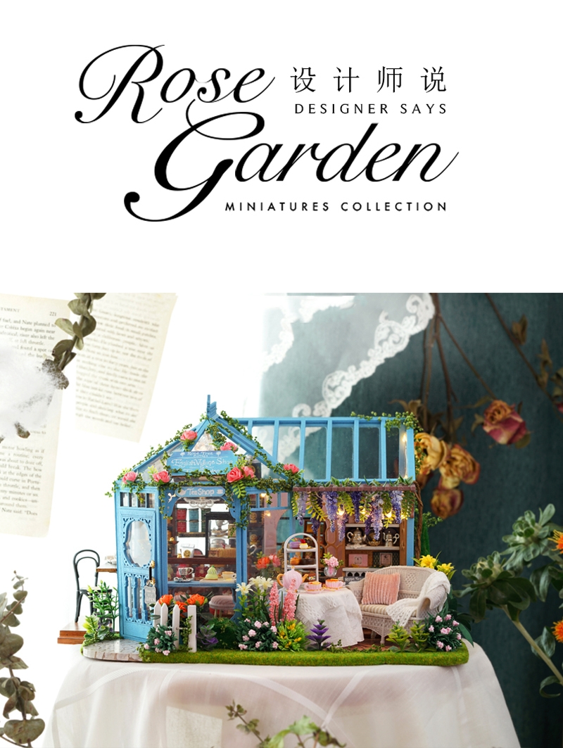 Cuteroom A068 DIY Cabin Rose Garden Tea House Handmade Doll House Model With Dust Cover Music Motor