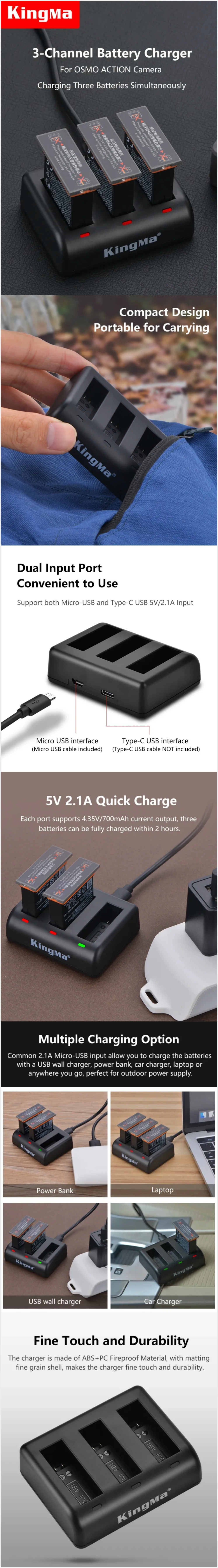 KingMa BM055 3-Channel 5V/2.1A Micro USB / Type-C Triple Charger For DJI OSMO ACTION Camera