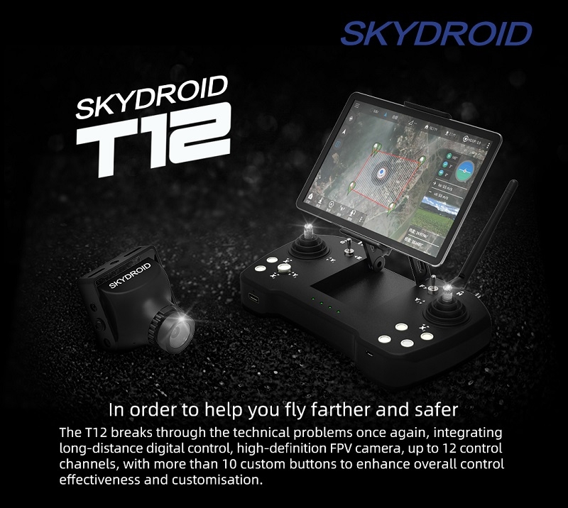 Skydroid T12 2.4GHz 12CH Intergrated Control Video and Telemtry System 20km Range Transmitter with R12 Receiver and Camera for RC Drone