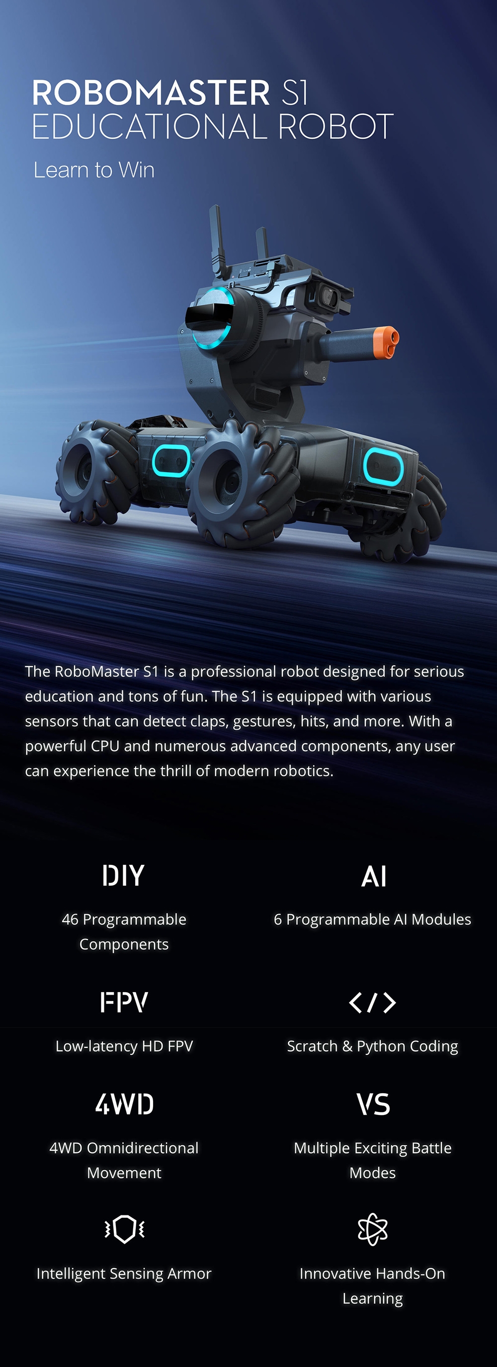 DJI Robomaster S1 STEAM DIY 4WD Brushless HD FPV APP Control Intelligent Educational Robot With AI Modules Support Scratch 3.0 Python Program
