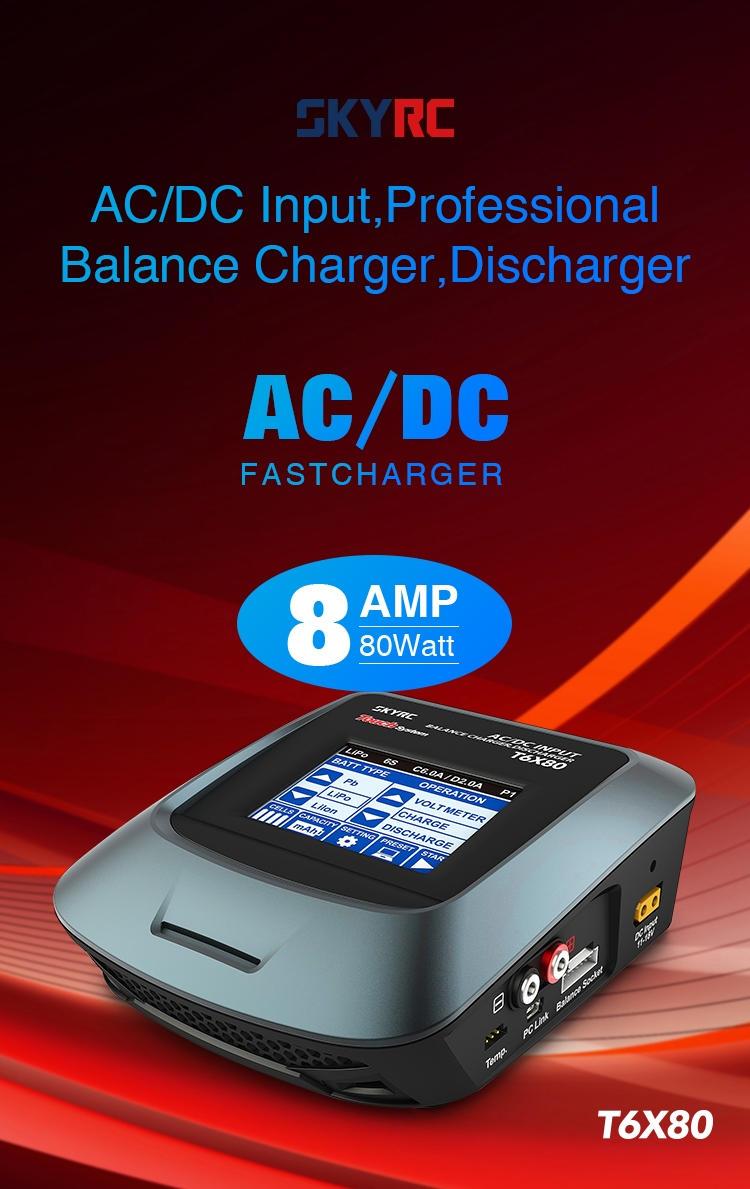 54.99 for SKYRC T6X80 80W 8A AC/DC LCD Touch Screen Professional Battery Balance Charger