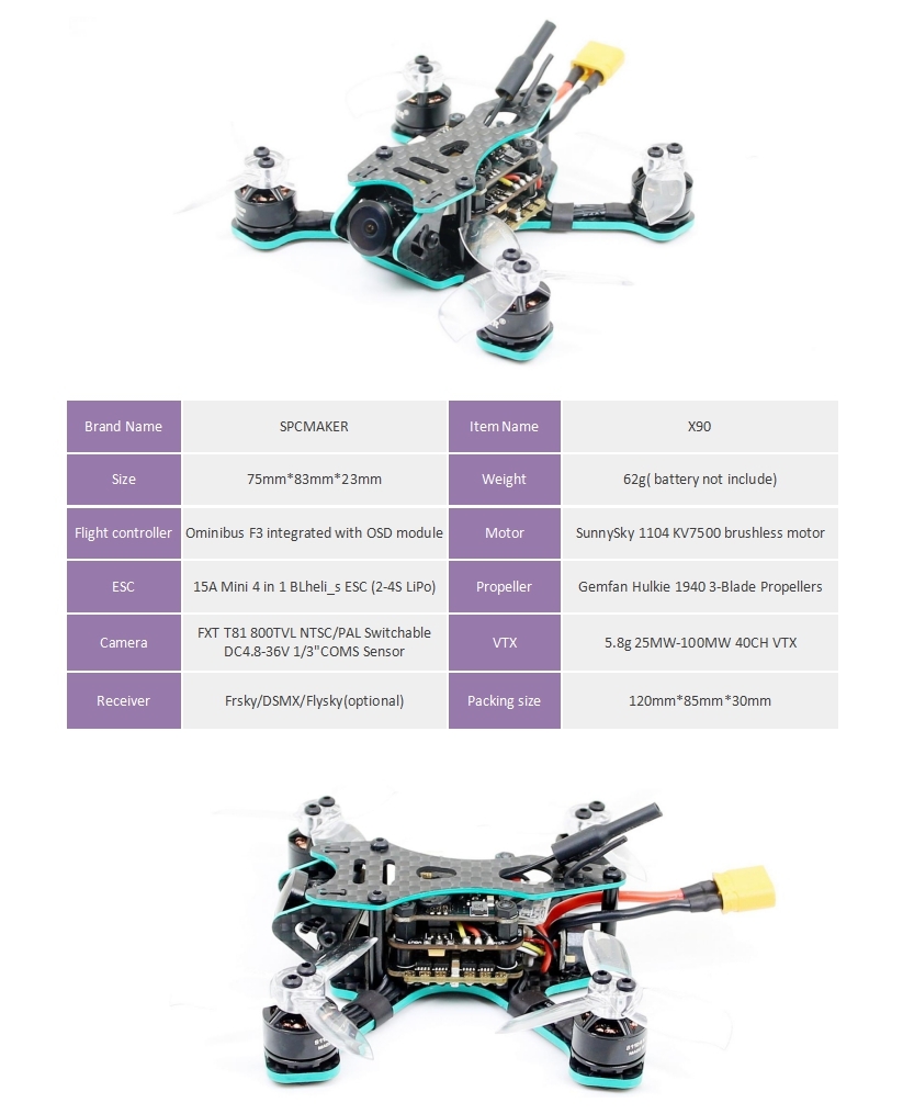 SPC Maker X90 FPV Racing Drone PNP Omnibus F3 OSD Flight Controller 15A Blheli_S ESC 800TVL Camera 