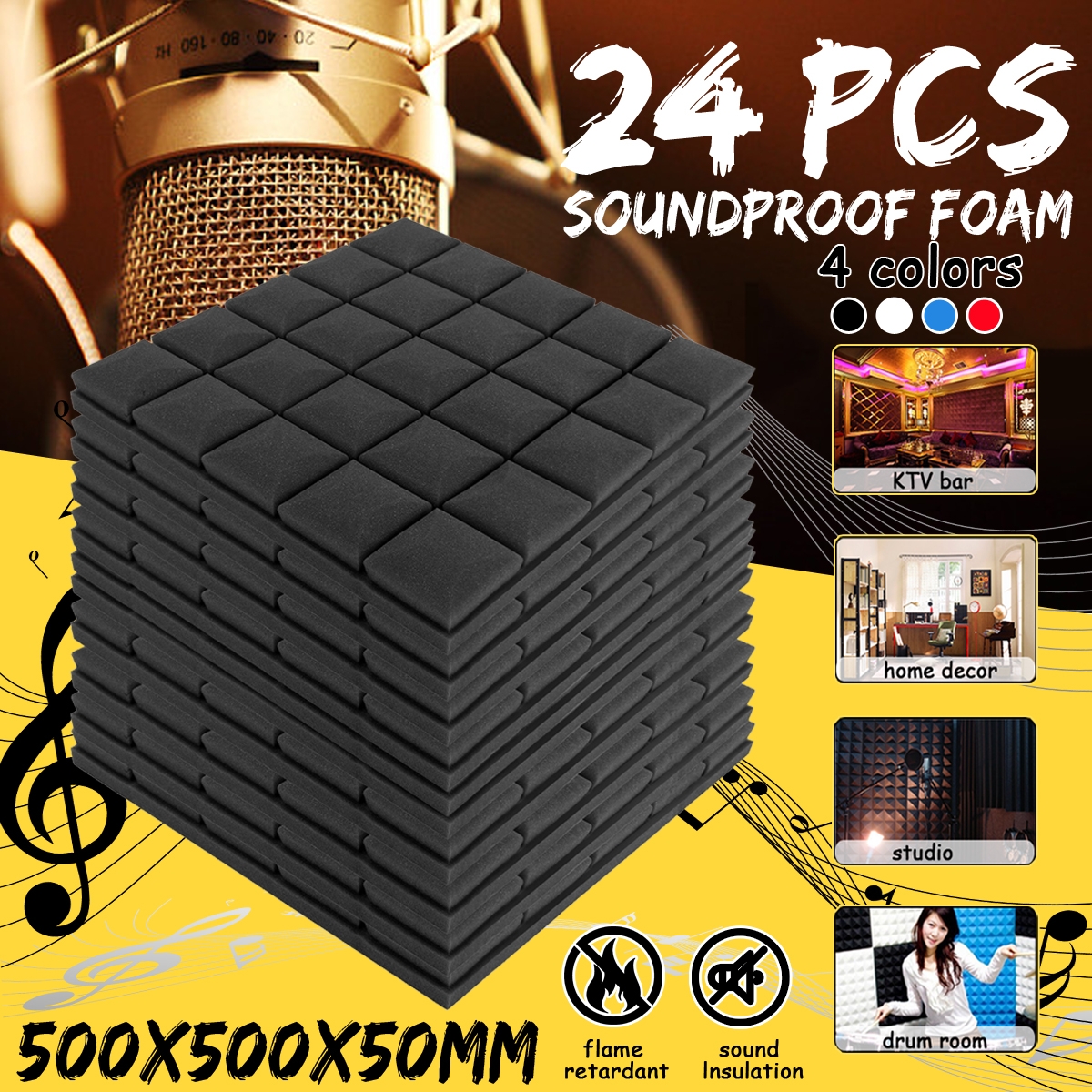 24 Pieces 50*50*5CM Soundproofing Foam Sound Absorbing Sponge for Piano Room Drum Studio