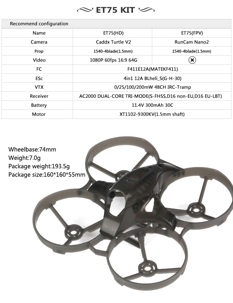 LDARC ET75 Spare Part 74mm Frame Kit w/ Canopy Buzzer Combo Set for RC Drone FPV Racing