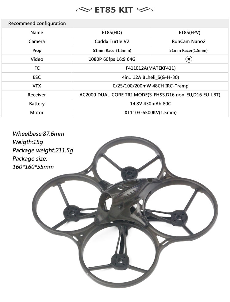 LDARC ET85 Spare Part 88mm Frame Kit w/ Canopy Buzzer Combo Set for RC Drone FPV Racing