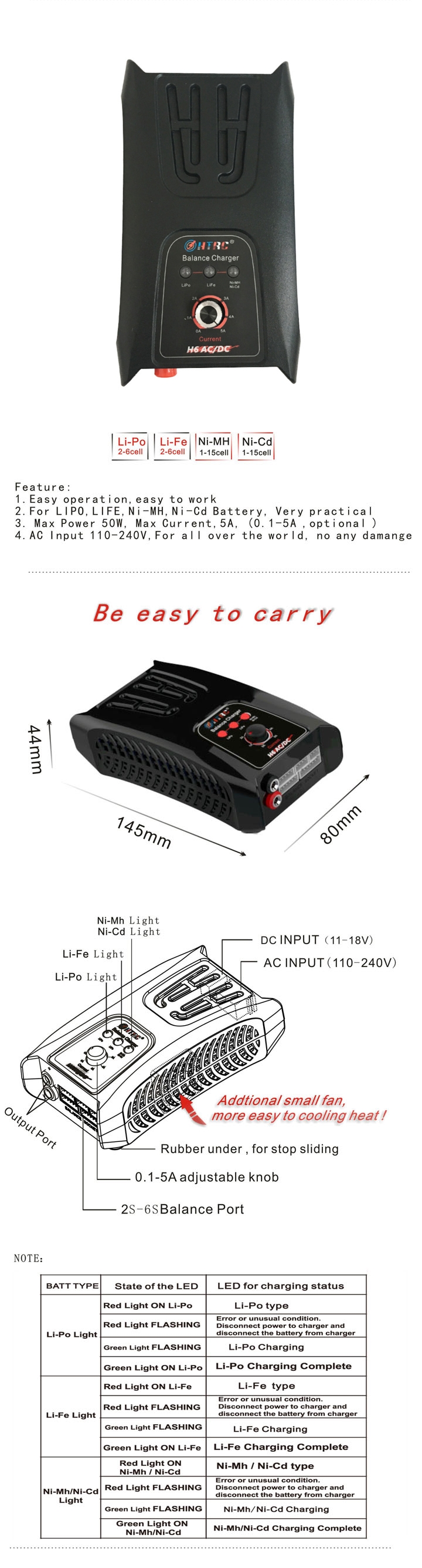 HTRC H6 50W 3A AC/DC Balance Charger for 1-6S Lipo Battery