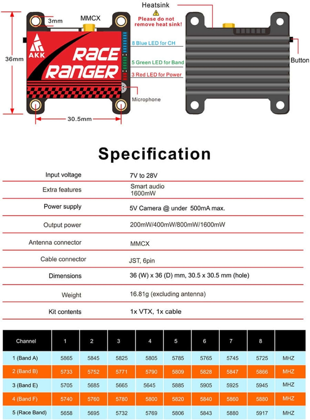 AKK Race Ranger Smart Audio 200mW/400mW/800mW/1600mW Power Switchable FPV Transmitter w/ SMA Adapter for RC Drone