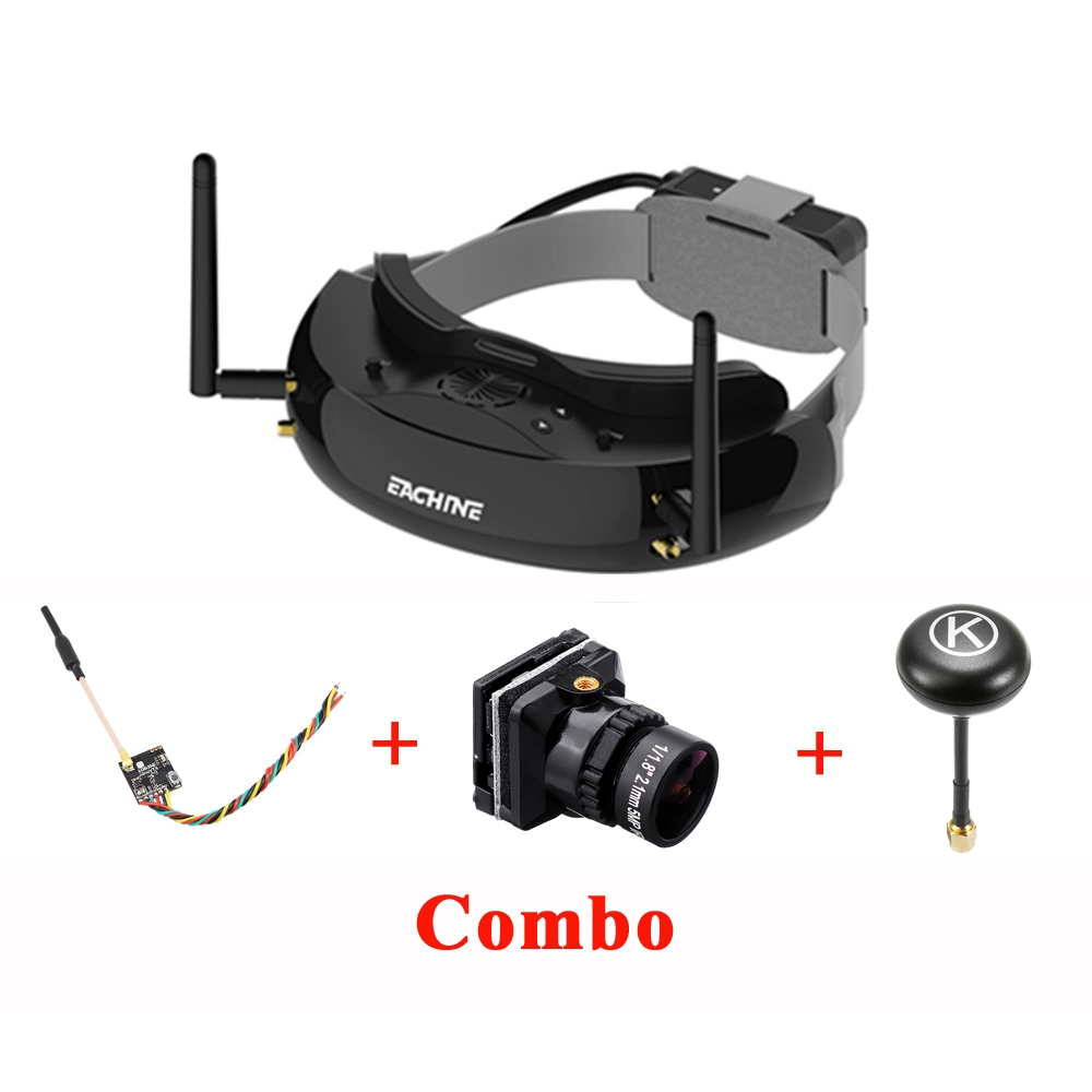 Eachine EV200D True Diversity FPV Goggles Black NANO FPV Transmitter VTX Bat 19S FPV Camera Black 2.1mm Eachine K-Loverleaves Antenna RP-SMA Combo