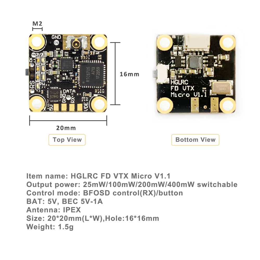 HGLRC FD VTX Micro 48CH 16X16mm PIT/25mW/100mW/200mW/400mW Switchabe FPV Transmitter VTX for FPV RC Drone - Photo: 1
