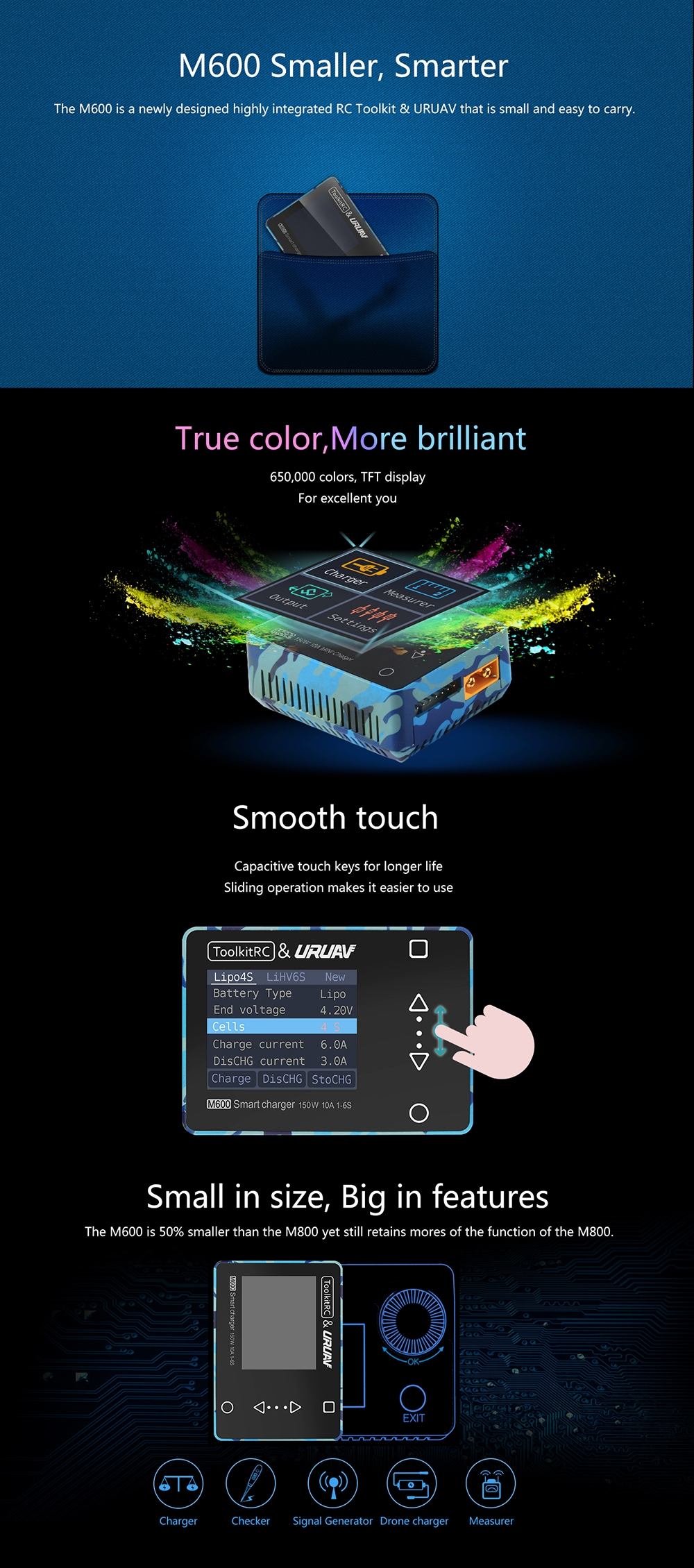 15% OFF for ToolkitRC & URUAV M600 150W 10A DC MINI Smart LCD 1-6S Lipo Battery Balance Charger