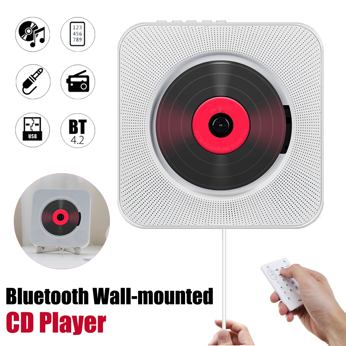 KC-808 Wall Mounted Bluetooth CD Player Portable Home Audio Box with Remote Control FM Radio Built-in HiFi Speakers MP3