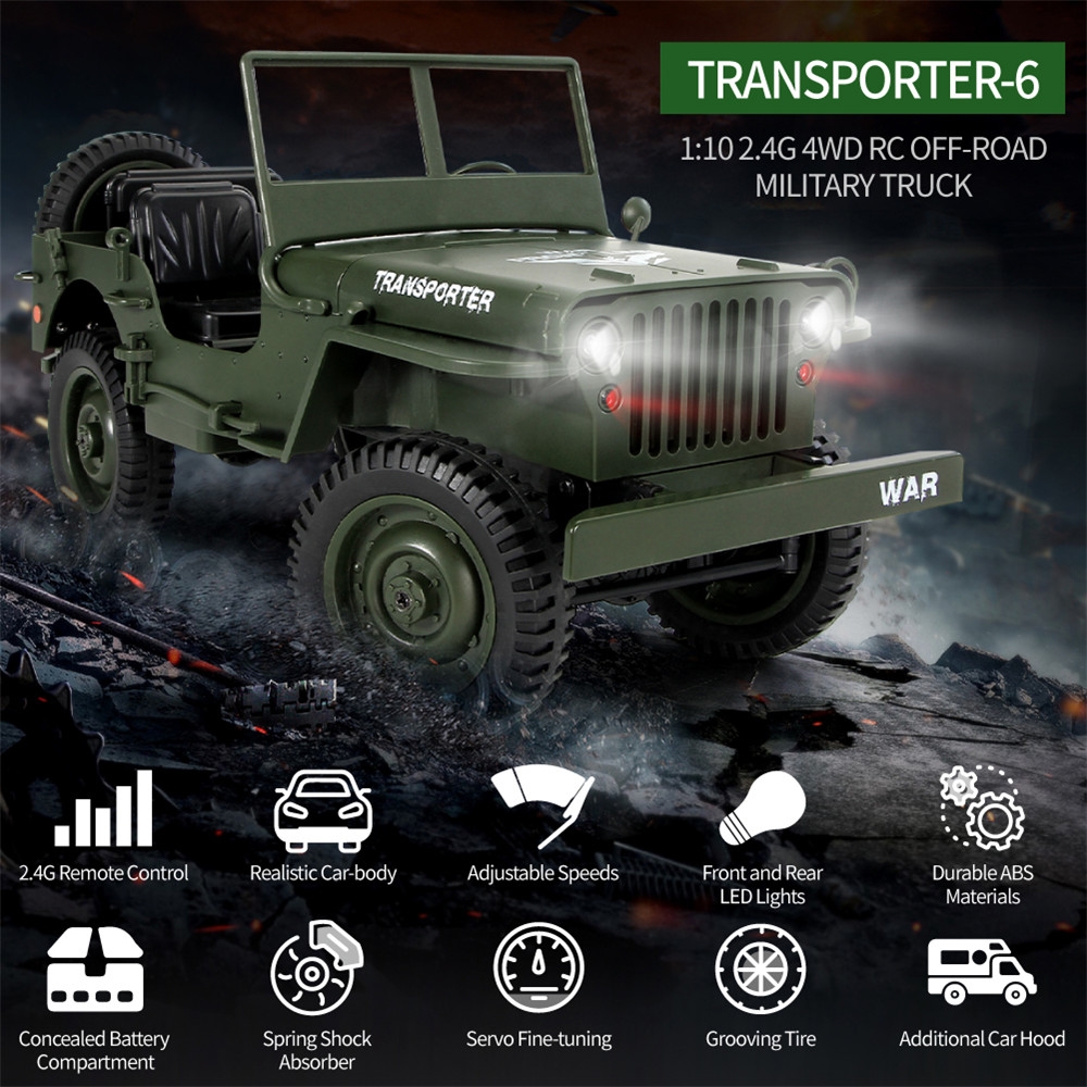 JJRC Q65 2.4G 1/10 Jedi Proportional Control Crawler Military Truck 4WD Off-Road RC Car With Canopy LED Light