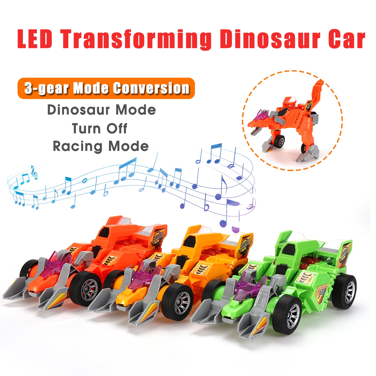 Electric Transforming T-Rex Dinosaur LED Car with Light Sound Diecast Model Toy
