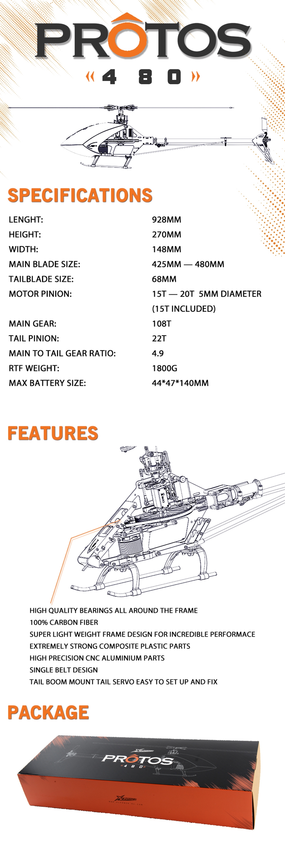 XLpower MSH PROTOS 480 FBL 6CH 3D Flying Flybarless RC Helicopter