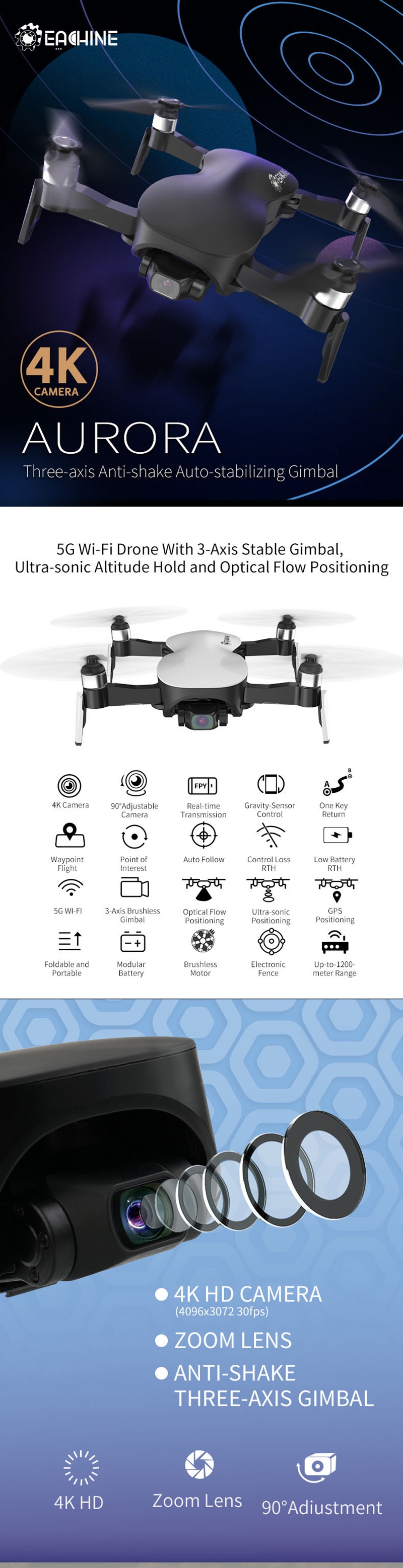 Eachine EX4 5G WIFI 1.2KM FPV GPS With 4K HD Camera 3-Axis Stable Gimbal 25 Mins Flight Time RC Drone Quadcopter RTF