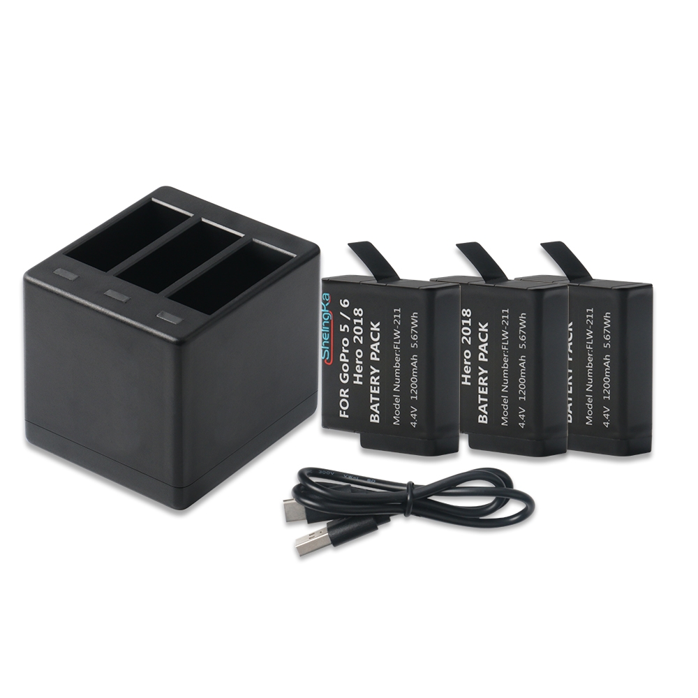 SheIngKa 3-Channel Battery Charger 5V 2.1A With 3PCS 4.4V 1200mAh LiPo Battery For Gopro Hero 5/6/7 FPV Action Camera