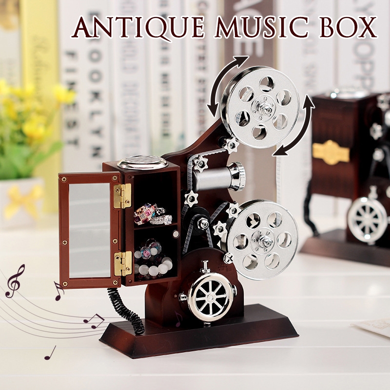 Retro Movie Film Projector Music Box Wood Metal Antique Musical Box Christmas Gift for Kids