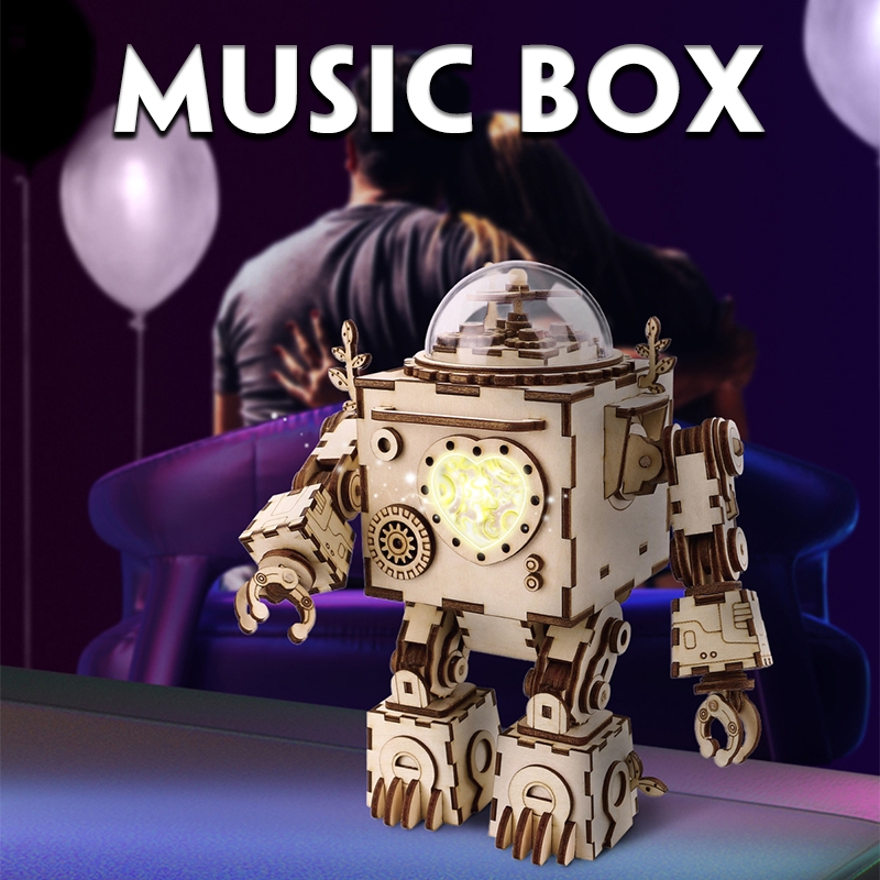 DIY Music Box Set Music Clockwork Wooden Robot Puzzle Assembly Music Box Christmas Gift for Kids