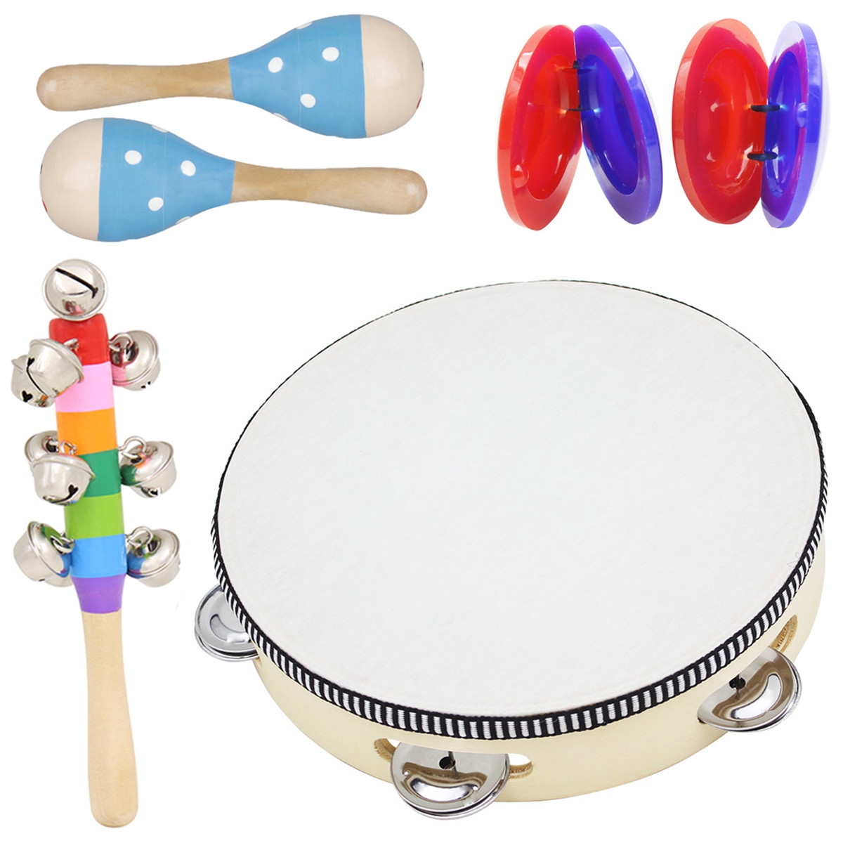 6 Piece Set Orff Musical Instruments Hand Shake Rattle Castanets Sand Hammer Vertical Bell Educational Tools Rhythm Kit for Kids Toddlers