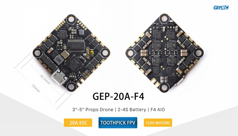 GEPRC GEP-20A-F4 AIO F4 MPU6000 Flight Controller OSD 20A Blheli_S 2-4S Brushless ESC 26.5×26.5mm