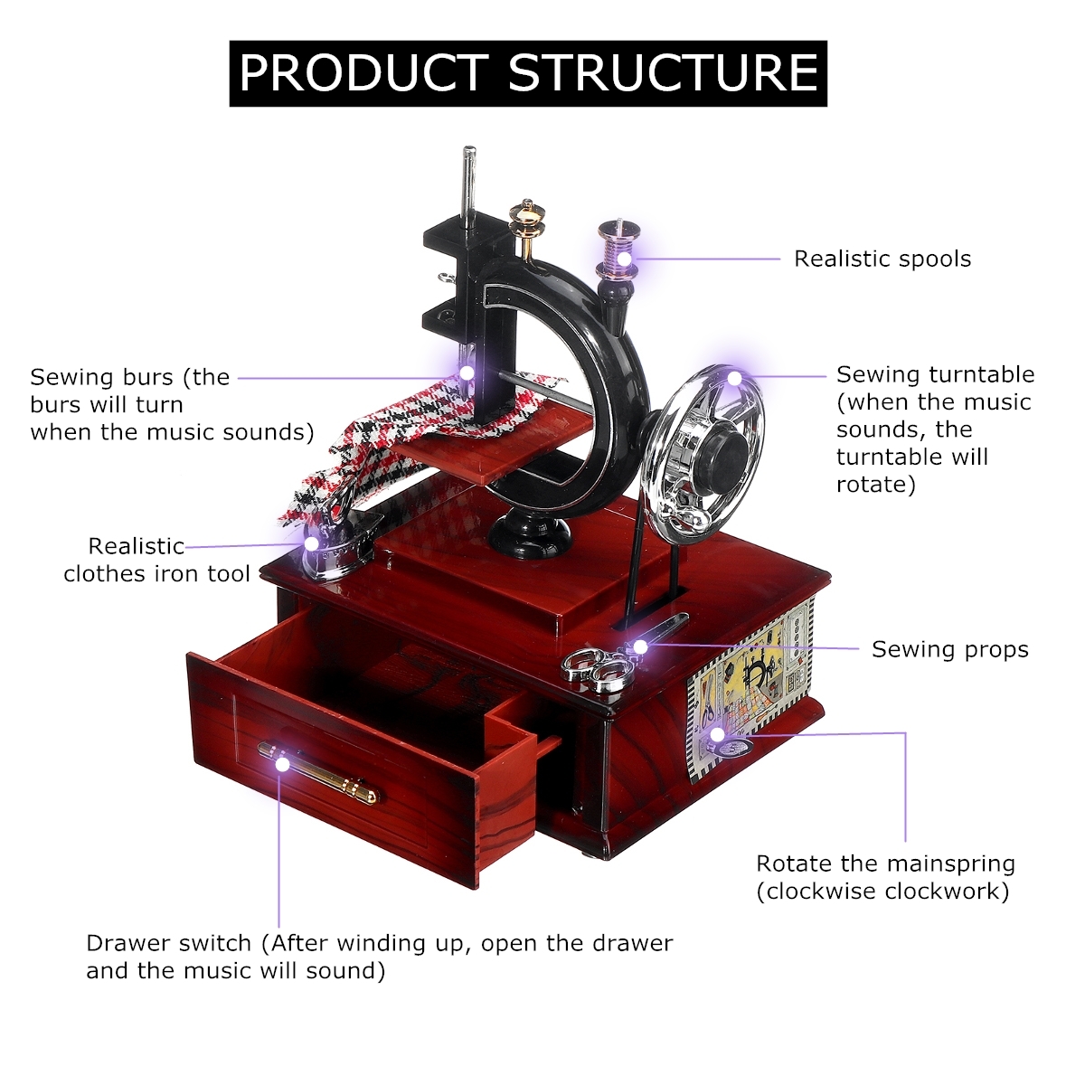 Mini Sewing Machine Creative Retro Sewing Clockwork Music Box for Table Home Decoration