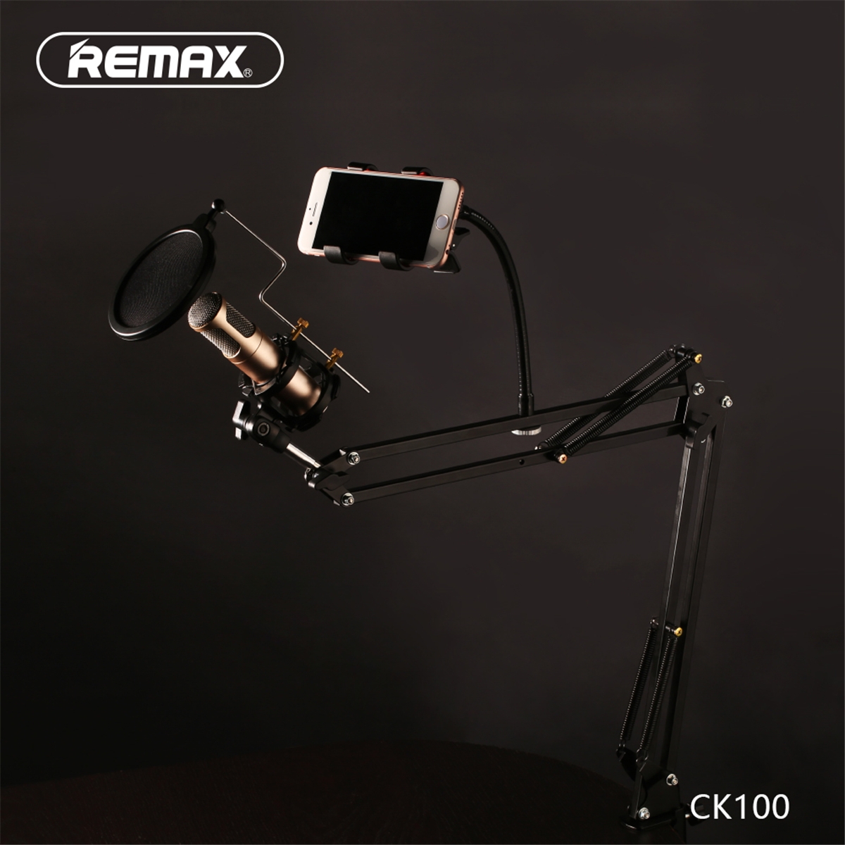 Remax CK100 Adjustable Microphone Stand Holder 6cm Base Maximum Lock Double-layer Filter Mobile Recording Studio