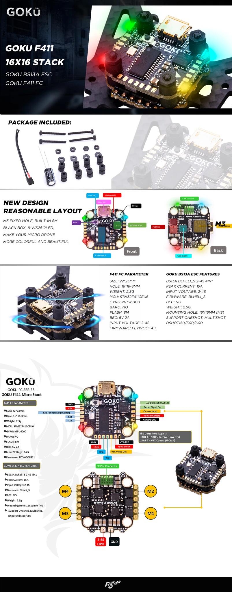 16x16mm Flywoo Goku F411 Micro Stack F4 Flight Controller & BS13A 13A BL_S 2-4S 4in1 ESC for FPV Racing Drone