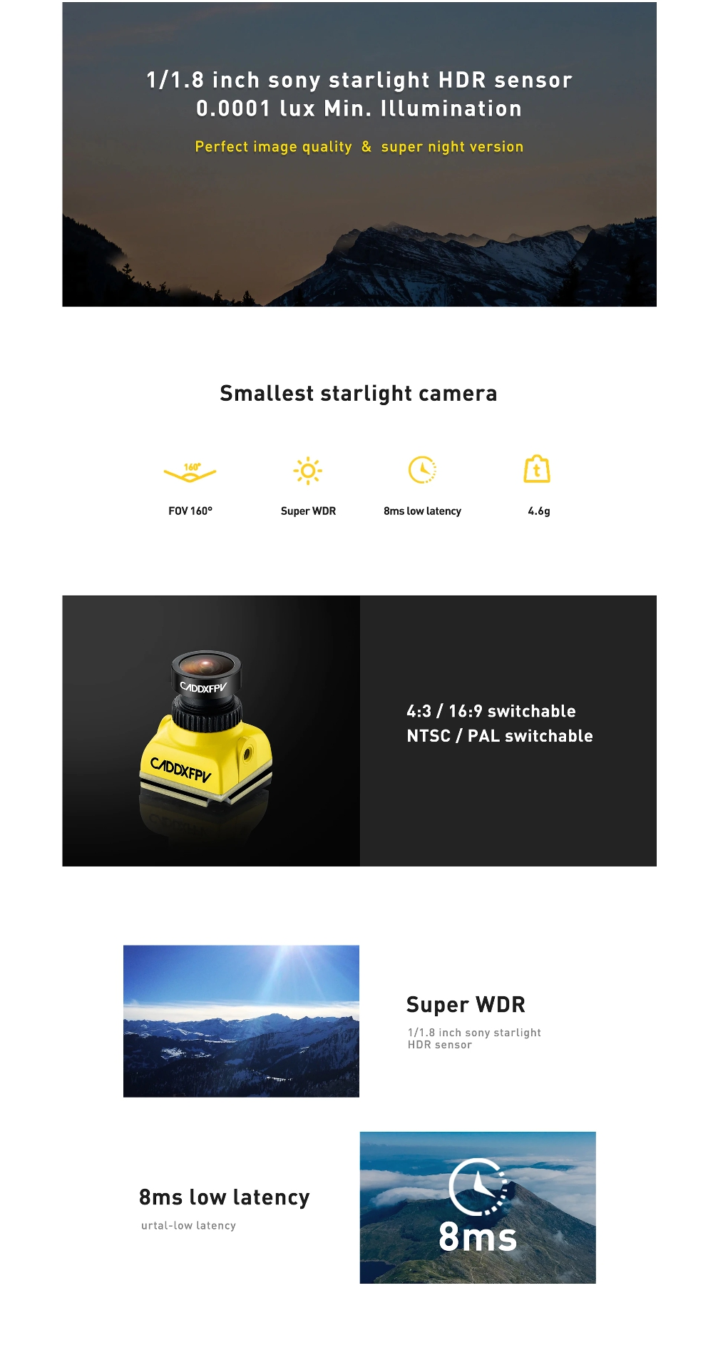 Caddx Baby Ratel Mini FPV Camera 1200TVL 1/1.8'' Starlight HDR Sensor 0.0001 LUX Super Night Version with OSD 4.6g Ultra Light for FPV Racing Drone RC Plane