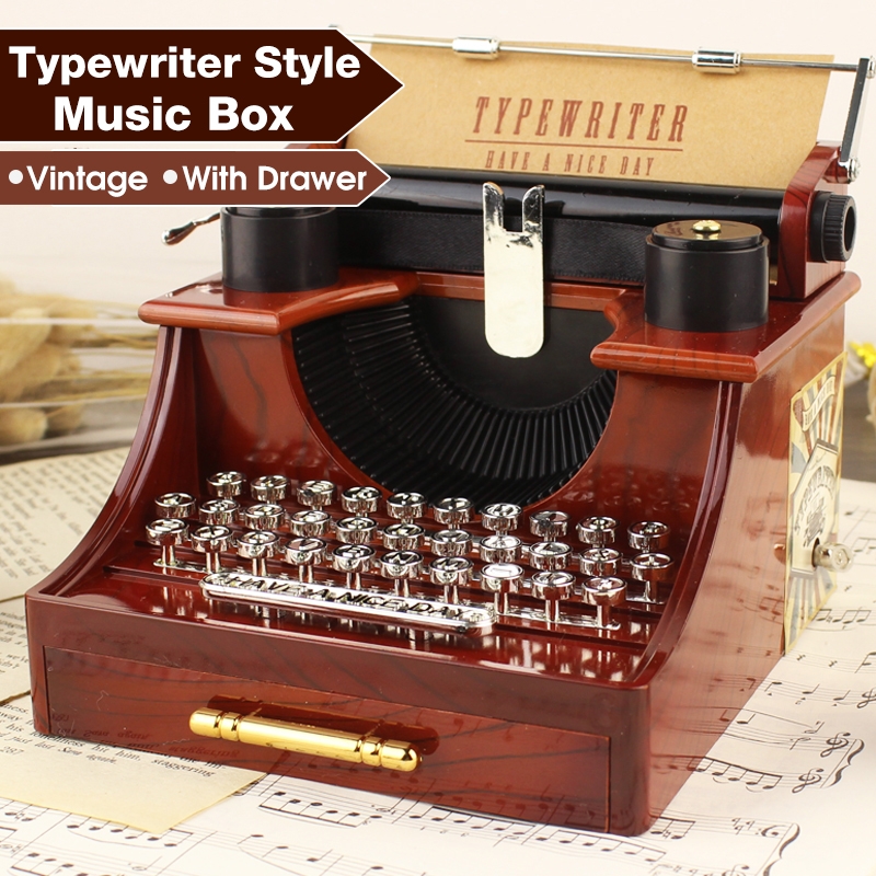 Vintage Typewriter Style Mechanical Music Box Jewelry Storage Box with Drawer Home Decoration Christmas Valentine's Day Gifts