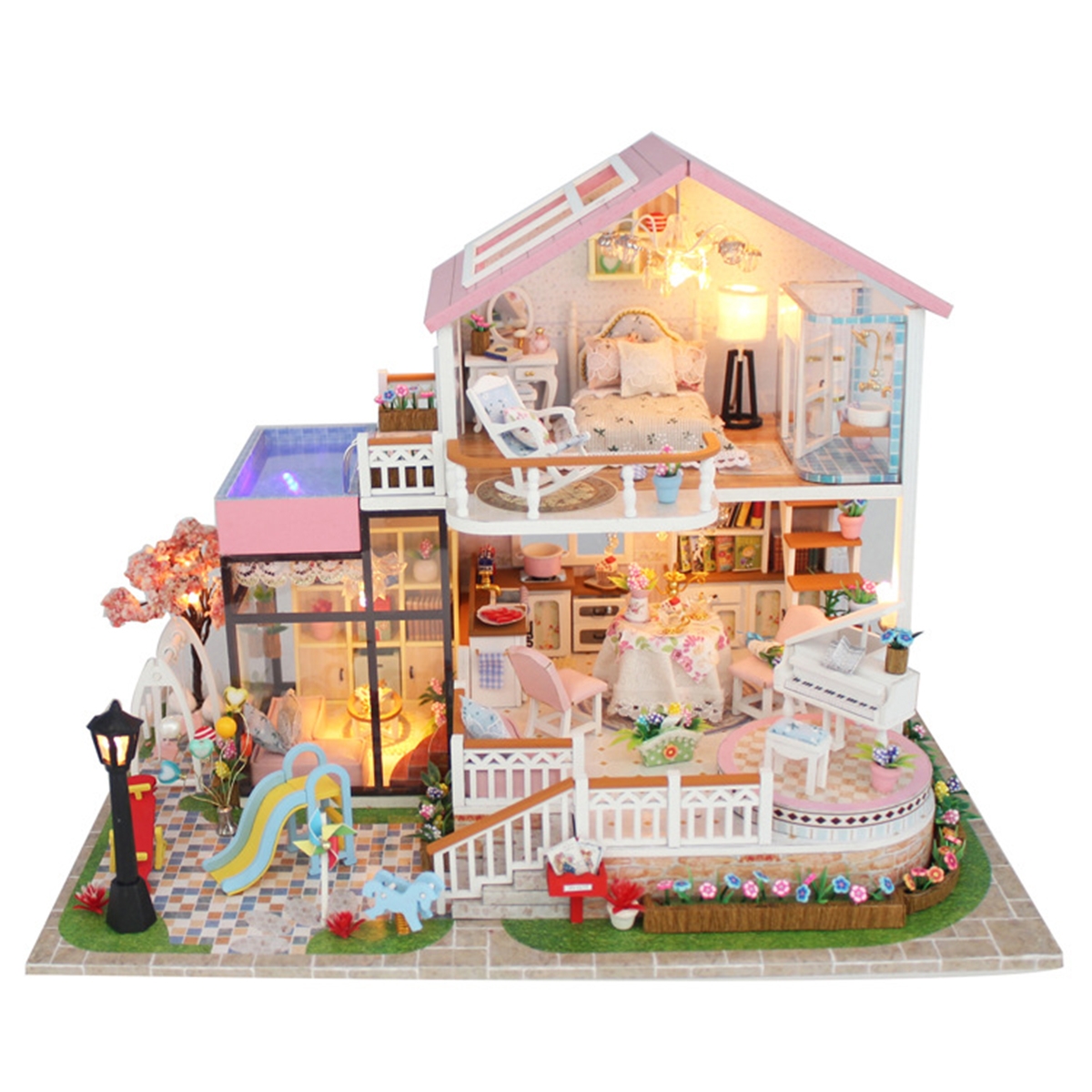 Hongda DIY Cabin Hand-assembled Doll House with LED Light Home Decor Model Toys