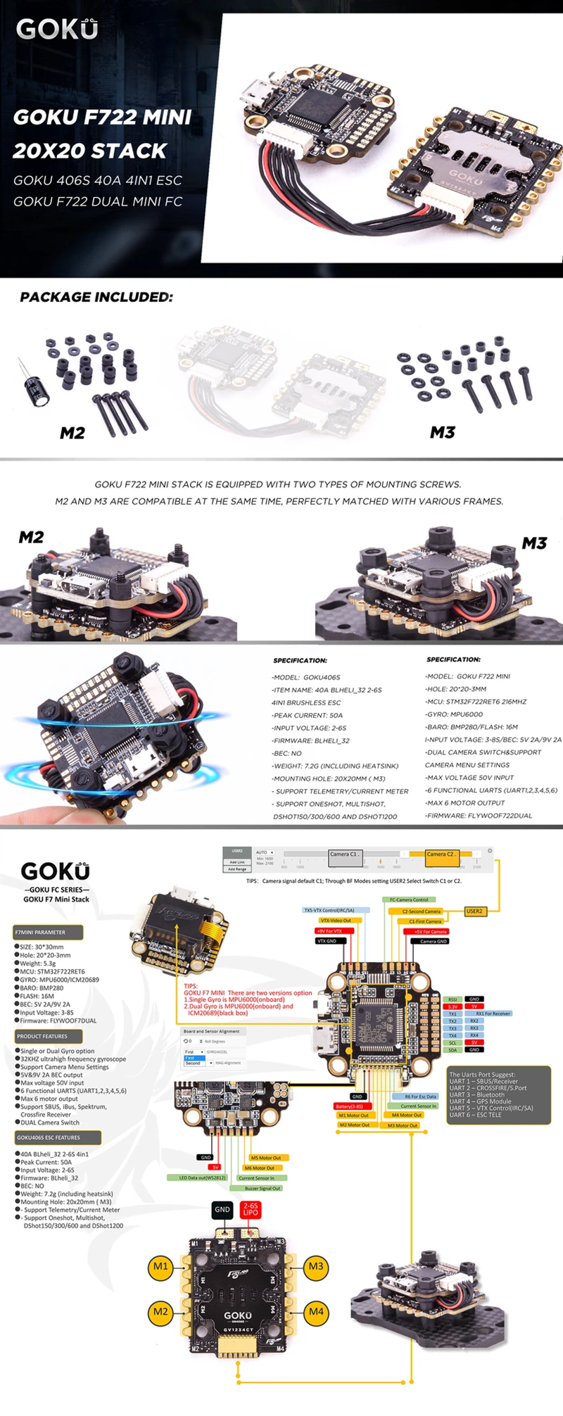 20x20mm Flywoo GOKU F722Mini F7 Flight Controller & GOKU 406S 40A BL_32 2-6S ESC Stack for Cinewhoop RC Drone