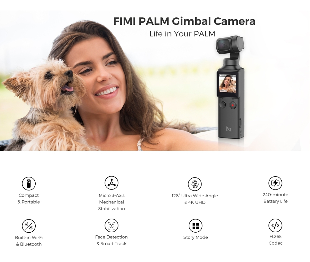 $149 for FIMI PALM Pocket Gimbal Camera 4K 100Mbps HD 128 Degree Wide Angle 3 Axis Handheld Stabilizer Anti-Shake Support WiFi Bluetooth Smart Tracking