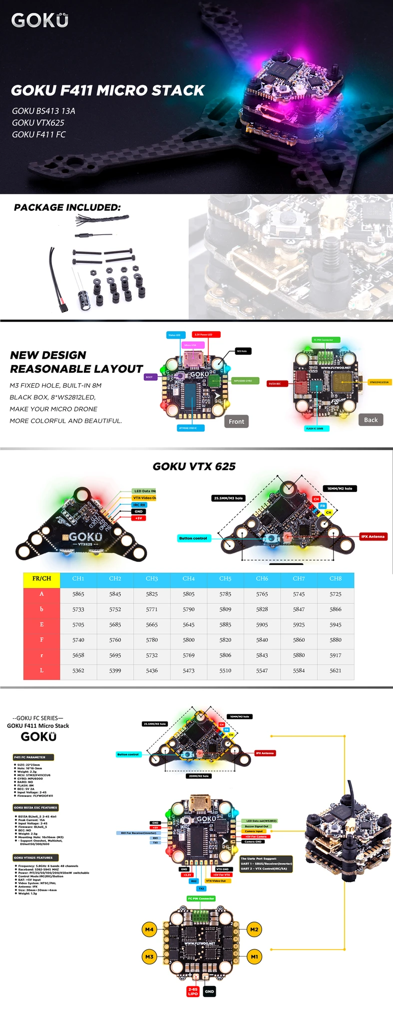 FLYWOO GOKU F411 Micro Stack FC&BS13A ESC&VTX625 2-4S Flytower FPV Combo 16*16mm Mounting Hole