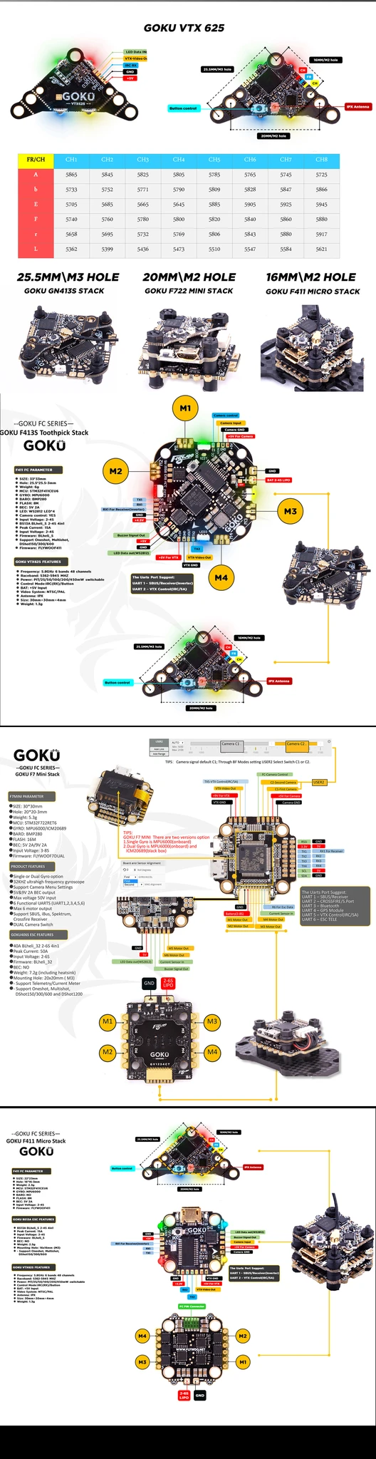 Flywoo GOKU VTX625 PIT/25mW/50mW/100mW/200mW/450mW VTX Switchable 5V 30×30×4mm